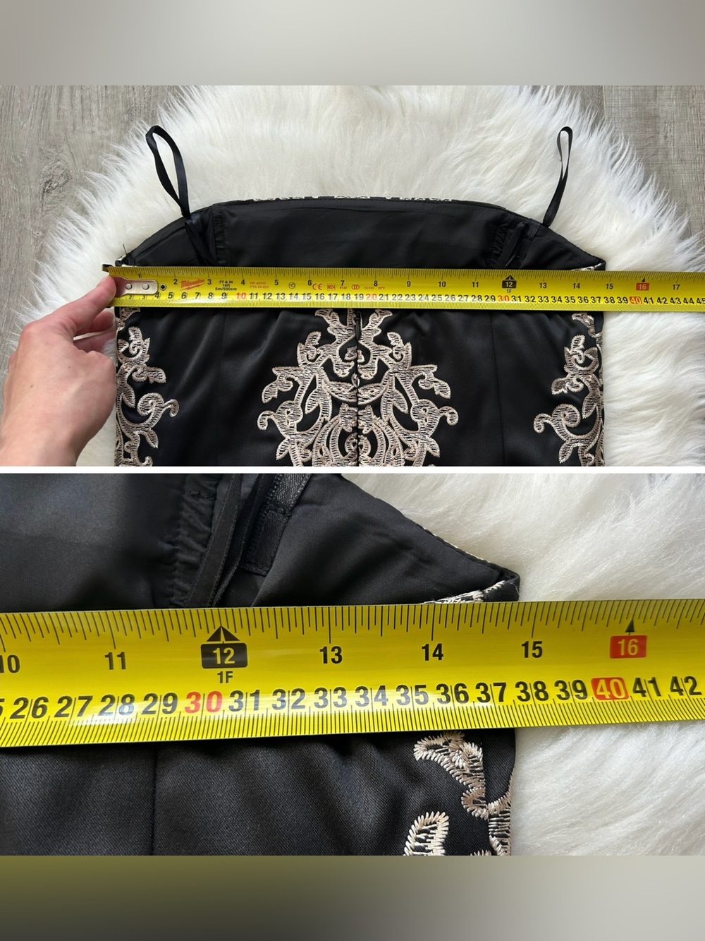NWT Le Chateau Size S Strapless Cocktail Dress Black Satin Cream Embroidery - Picture 13 of 16